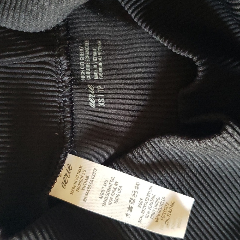 Aerie Crinkle Ribbed High Cut Banded Cheeky Bikini Bottom in Black - Picture 3 of 5